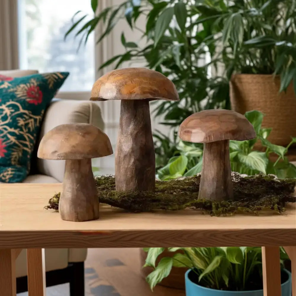 Set of three mango wood carved mushroom sculptures in natural tones