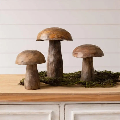Set of three mango wood carved mushroom figurines for decor