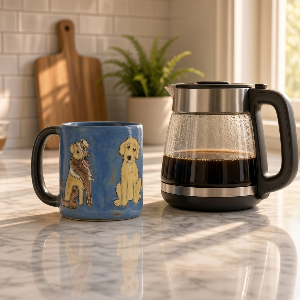 Blue stoneware mug hand painted by mara ceramica artisans featuring brown and yellow dogs in mexico