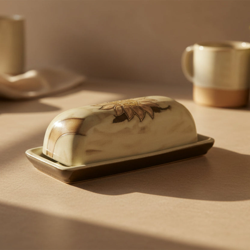 Cream Mara butter dish with gold sunflower lid