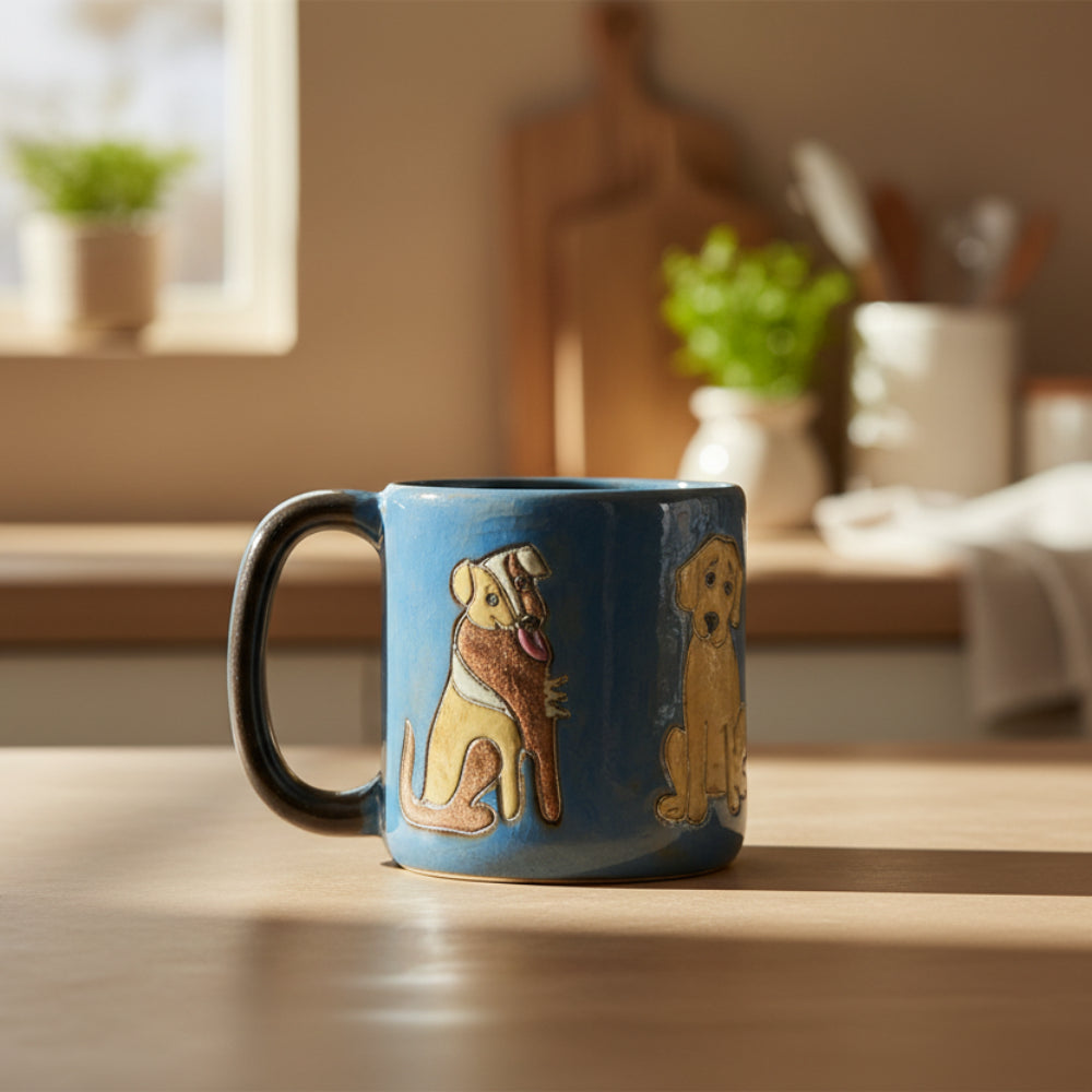 Handcrafted blue ceramic mug with black handle and three yellow brown dogs