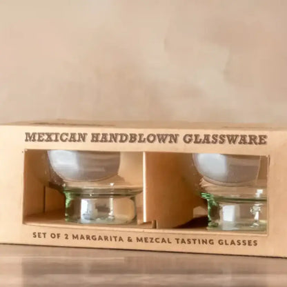 Margarita / Mezcal Tasting Glasses in a cardboard box on a table