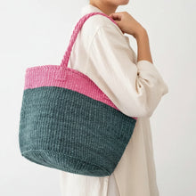 Medium sisal tote catskill handmade eco-friendly handcrafted natural fiber bag with vibrant pink top and teal bottom