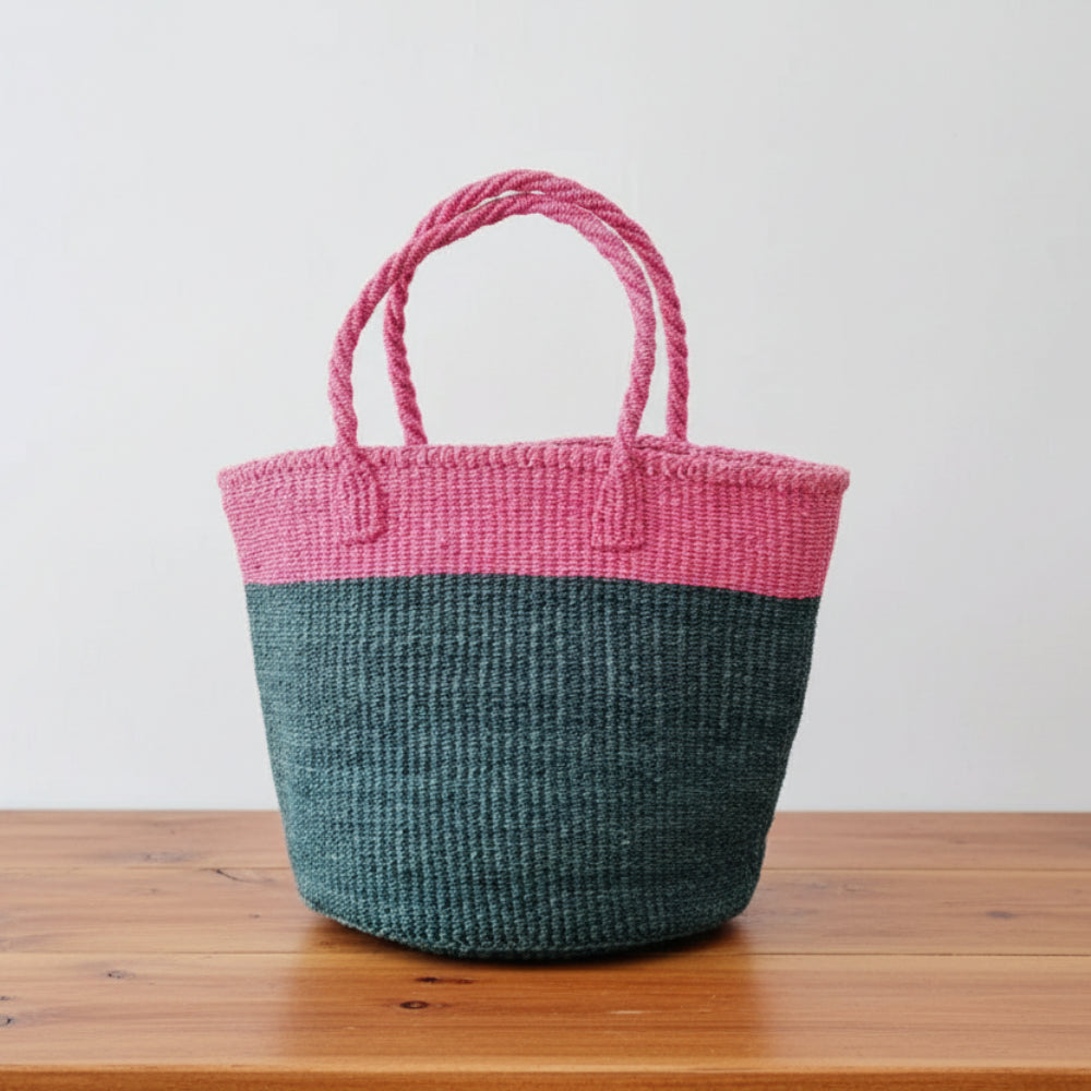 Medium sisal tote catskill handmade eco-friendly handcrafted tote bag with vibrant pink top and deep teal natural fibers