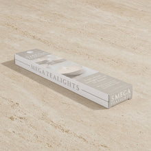 A sleek white rectangular box of mega tealight candles with purest white wax for a steady flame in a pack of 5