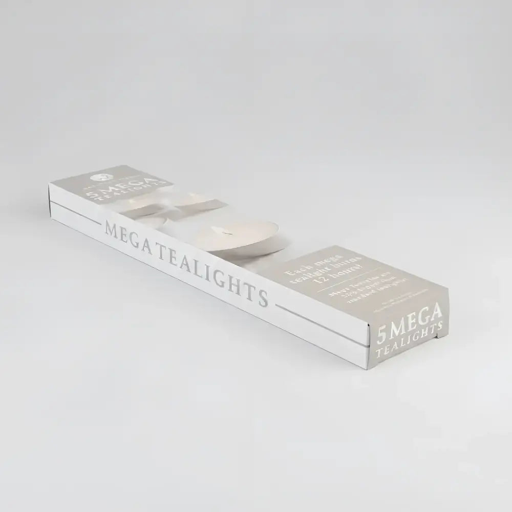 A sleek silver box of five mega tealight candles made with purest white wax for decorative use