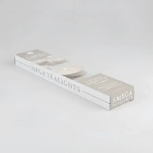 A sleek silver box of five mega tealight candles made with purest white wax for decorative use