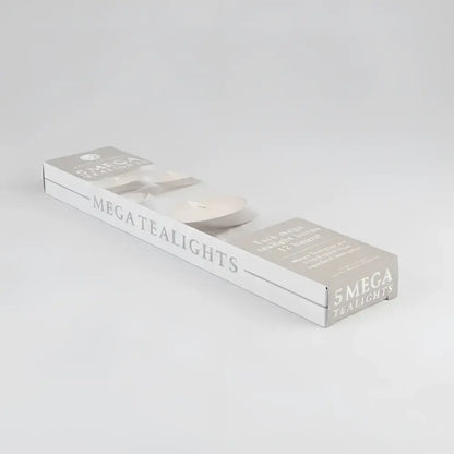 A sleek silver box of five mega tealight candles made with purest white wax for decorative use