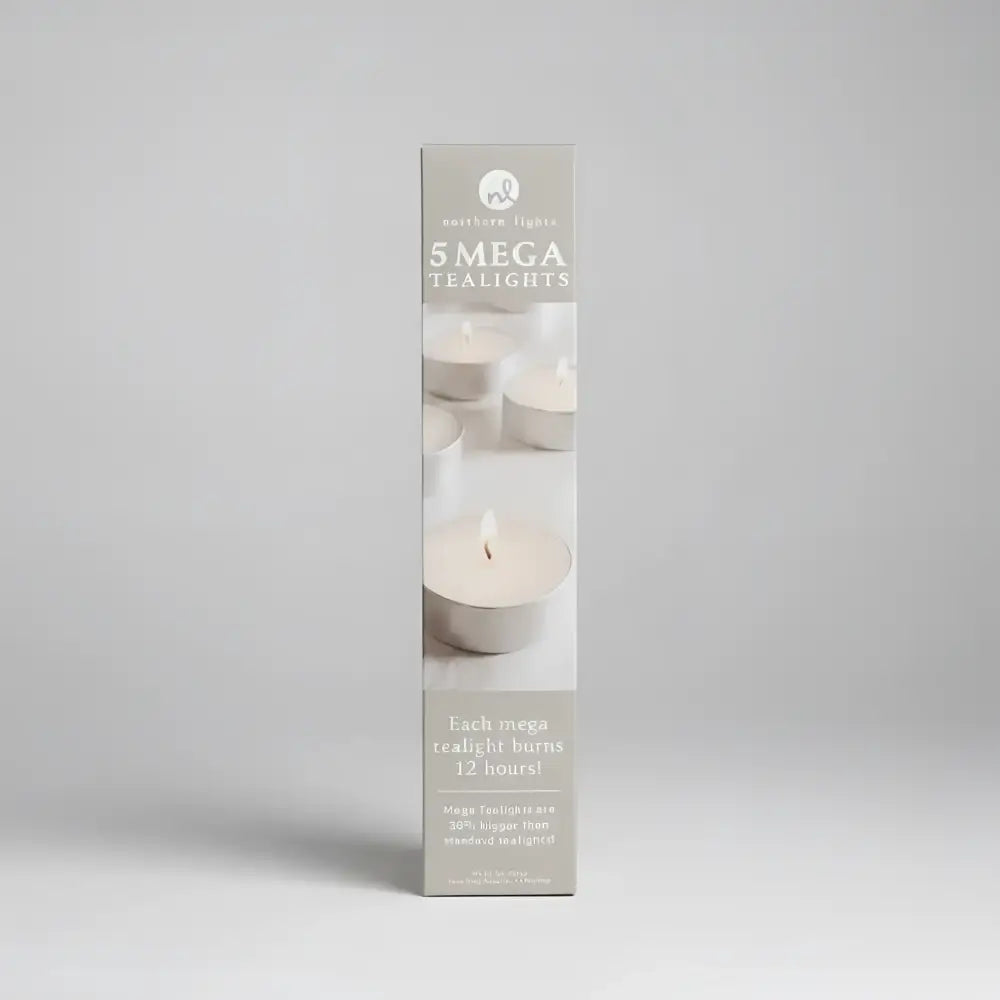 A sleek box of five northern lights mega tealight candles in purest white wax with a soft beige and white design