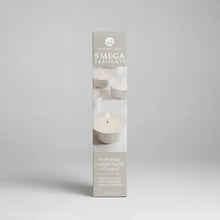 A sleek box of five northern lights mega tealight candles in purest white wax with a soft beige and white design