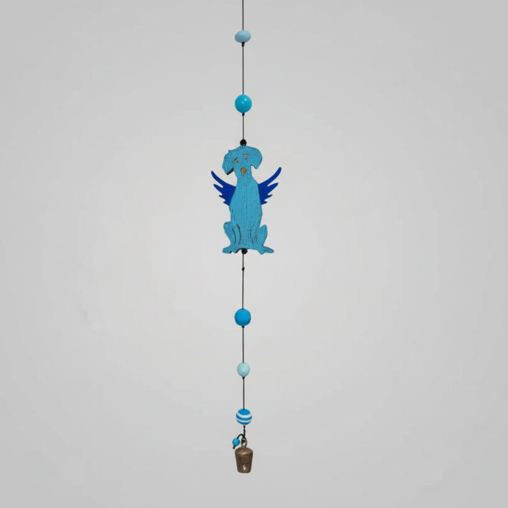 Handmade turquoise metal dog wind chime with blue wings and beads
