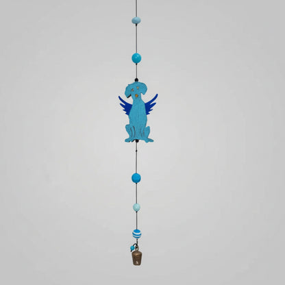 Handmade turquoise metal dog wind chime with blue wings and beads