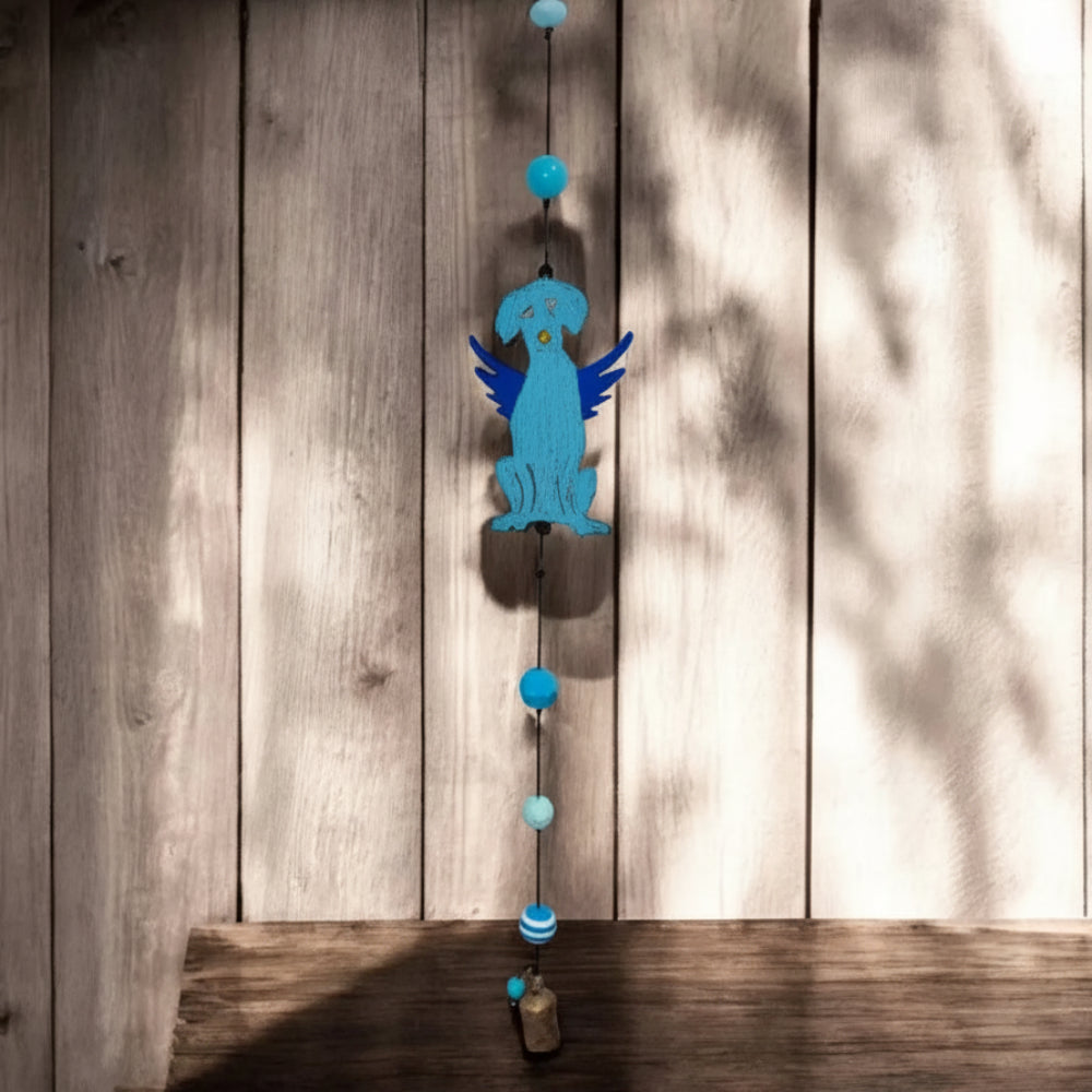 Handmade metal dog wind chime with blue angelic design and turquoise beads