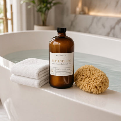 Amber glass 40oz bath soak bottle with black cap labeled ripenishing milk and honey bath soak by naudelair
