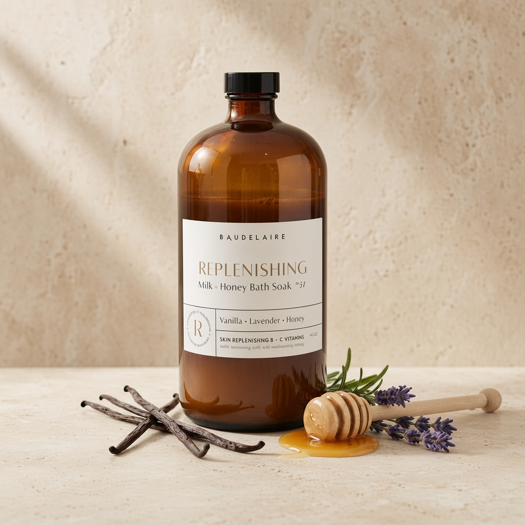 A amber glass bottle of baudelaire milk and honey honey bath soak 40oz with vanilla beans lavender and honey dipper