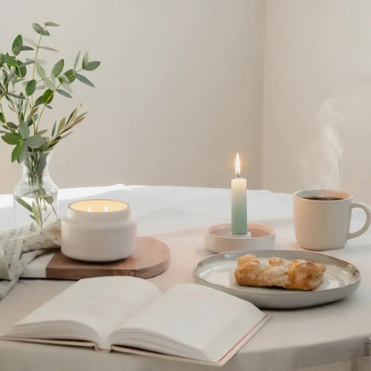 A white ceramic candle holder with a lit teal taper candle on a pink saucer from mindful moments candle set