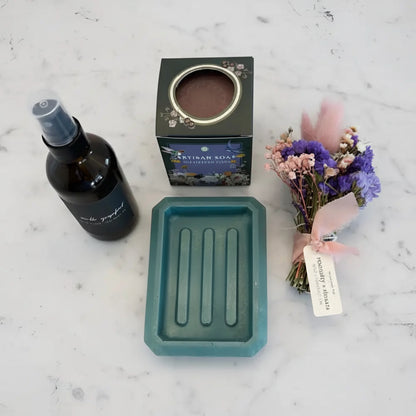 Teal handmade soap dish with grooves in Mini Aroma Nest set