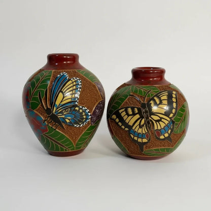 Mini carved clay vases with butterfly-themed cloisonné enamel and intricate hand carvings