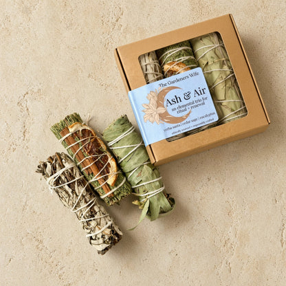 Mini smudge nest with yarrow cedar sage eucalyptus trio smudge sticks wrapped in twine on a soapstone plate discover rookery nests