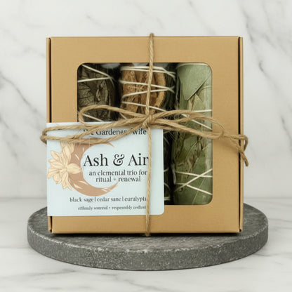 Mini smudge nest set with ash & air smudge sticks and soapstone plate