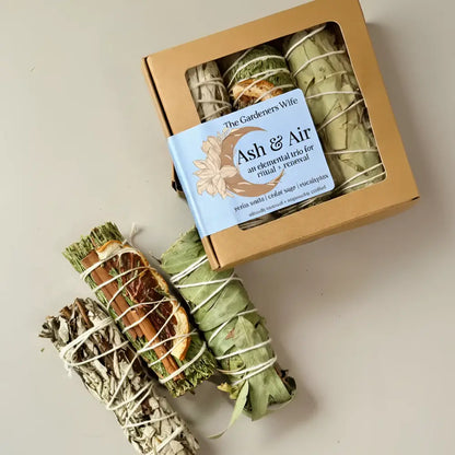 Mini smudge nest set with sage trio, cedar, eucalyptus and soapstone plate