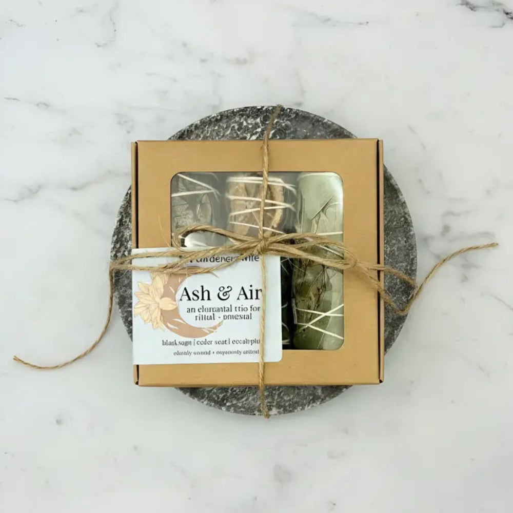 Mini smudge nest set with sage trio, soapstone plate in rustic box