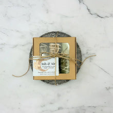 Mini smudge nest set with sage trio, soapstone plate in rustic box