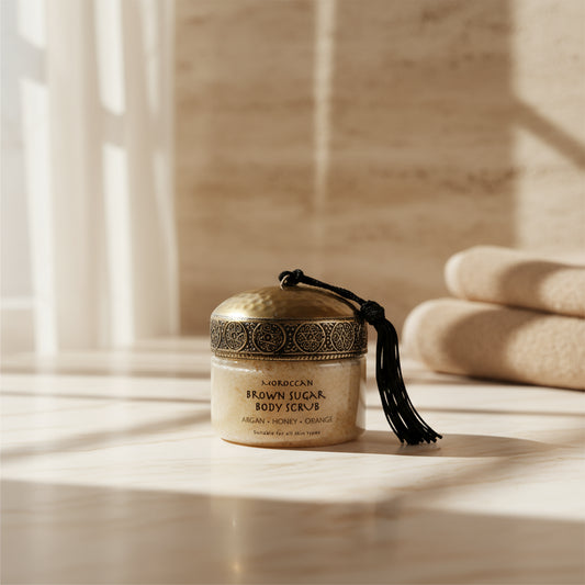 Moroccan brown sugar body scrub with argan honey and orange in a decorative jar
