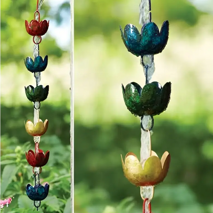A colorful multicolor lily cup rain chain with glass-like red blue green and gold lotus-shaped petals