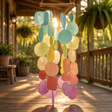Multicolor small round capiz chime fiesta with handmade eco-friendly capiz discs in pastel blue yellow orange pink and red