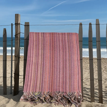 Pink and purple striped Turkish beach towel with tassels, perfect colorful sand free beach towel