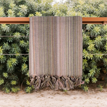 Colorful Turkish beach towel with stripes and fringed ends, perfect sand free beach towel