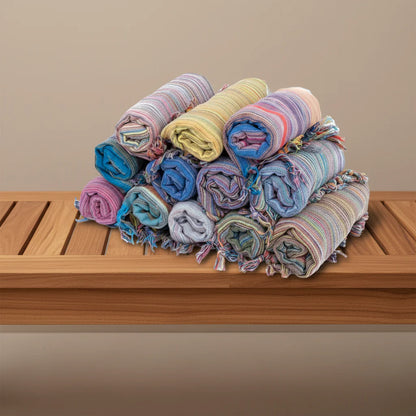 Colorful Turkish beach towel with stripes and tassels, perfect sand free beach towel