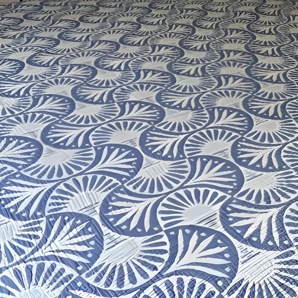 Blue and white patterned muslin bed blanket with ginko design made of Turkish muslin