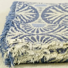 Blue and white Turkish muslin blanket with ginko design and fringe detail