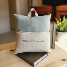 Handmade green linen reading pillow with my day is booked book pocket