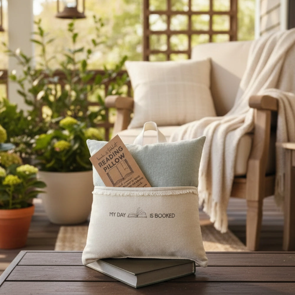 Handmade green linen reading pillow with my day is booked pouch