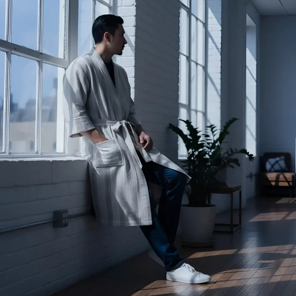 Silver gray striped 50/50 linen cotton Turkish bathrobe with pockets and white sneakers