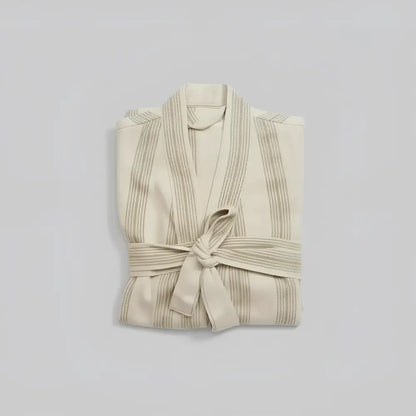 Cream and brown striped premium linen cotton Turkish bathrobe with tied waistband