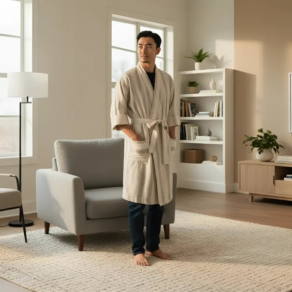 Beige striped premium Turkish robe in 50/50 linen cotton with pockets and belt