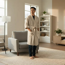 Beige striped premium Turkish robe in 50/50 linen cotton with pockets and belt