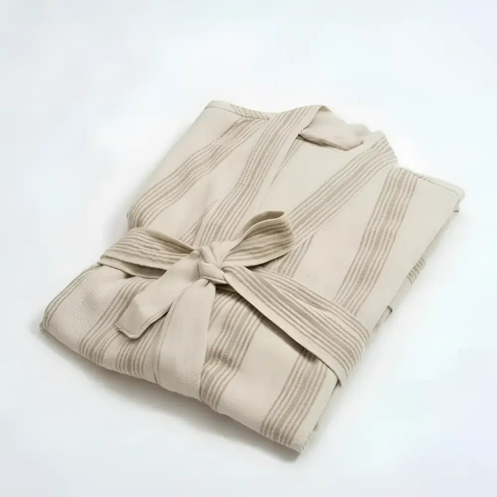 Beige striped linen robe with bow tie closure in premium Turkish style