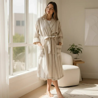 Beige striped premium Turkish robe in 50/50 linen cotton with pockets and belt