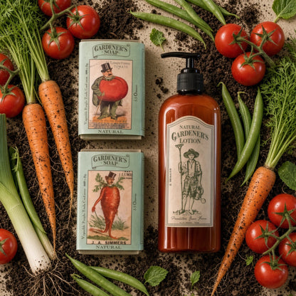 Amber-colored natural gardener’s lotion in a pump bottle with vintage label featuring a gardener and tea tree oils