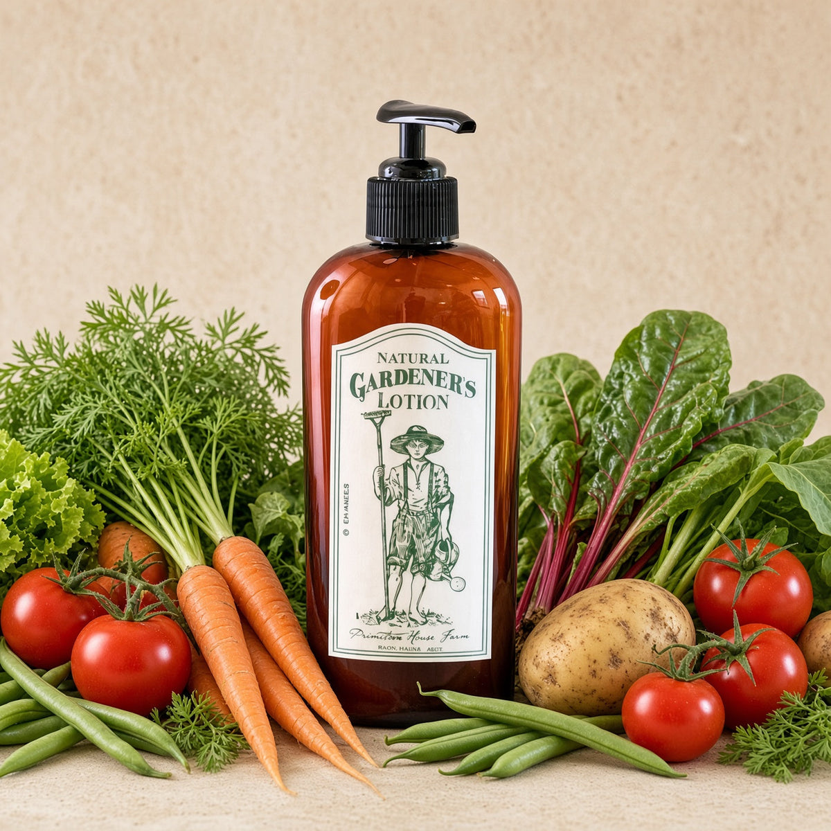 Amber glass bottle with black pump of handcrafted natural gardeners lotion from damariscotta house farm eco friendly