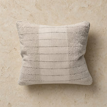 Beige natural striped linen cotton pillow cover with patchwork design and contrasting stitched lines
