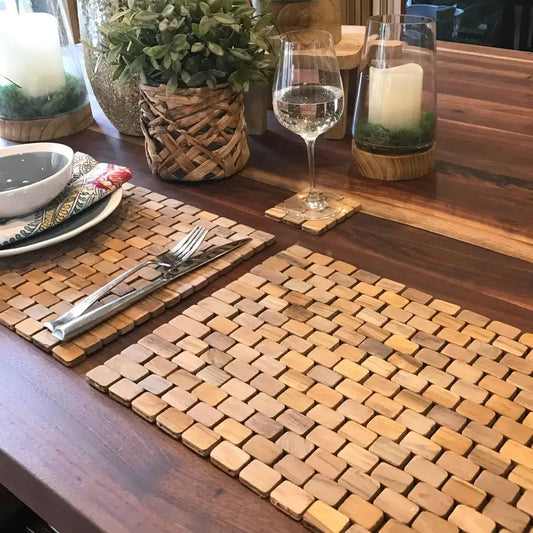 Natural teak placemats made from recycled teak pieces with small interconnected blocks