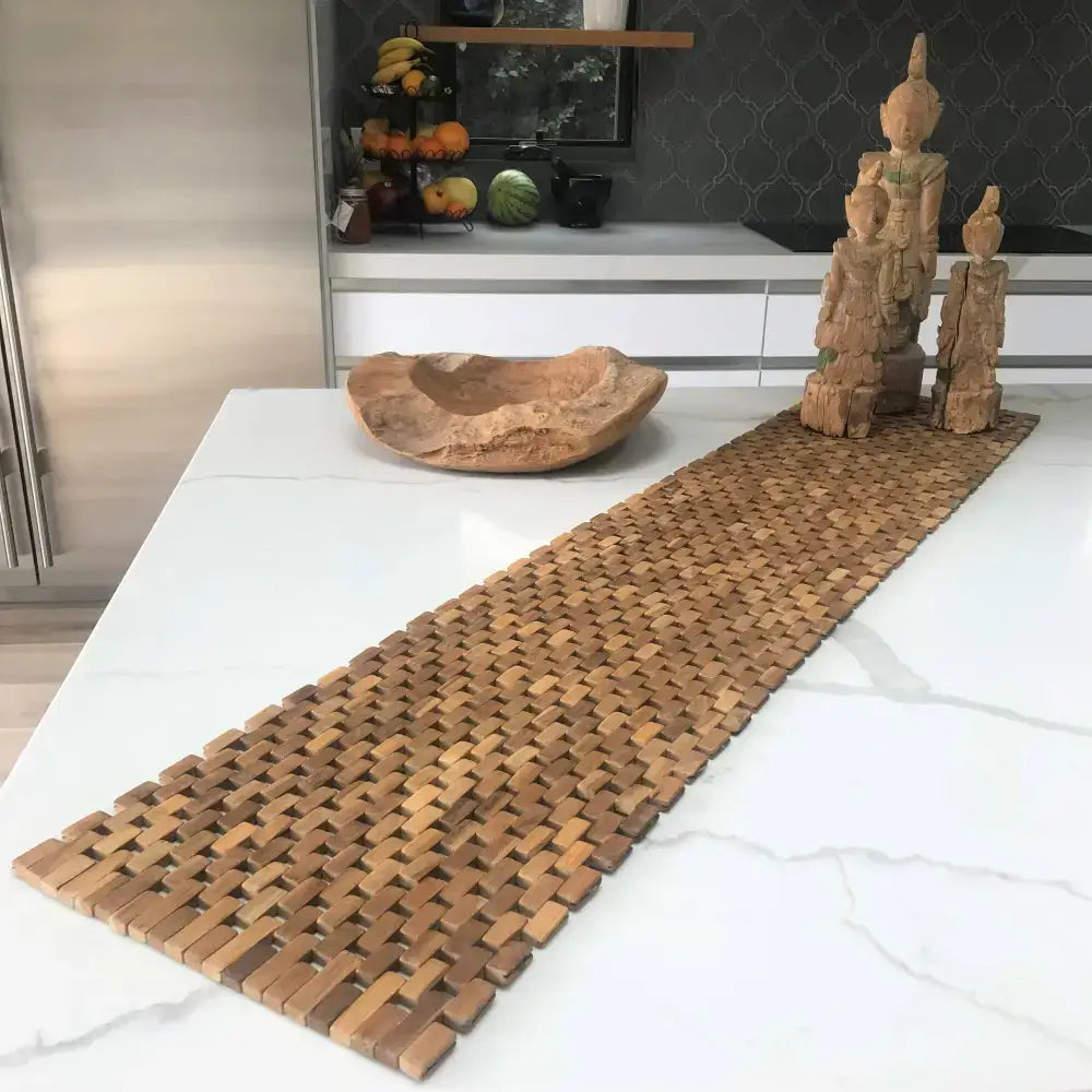 Woven natural teak table runner made from recycled teak pieces for stylish teak table runners