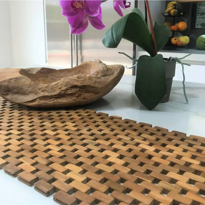 Woven wooden natural teak table runner made from recycled teak pieces for rustic style