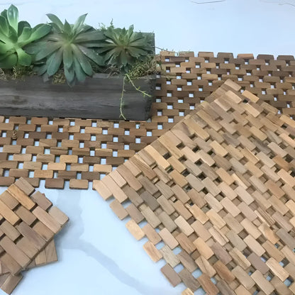 Natural teak table with interlocking recycled teak pieces bath mats and coasters